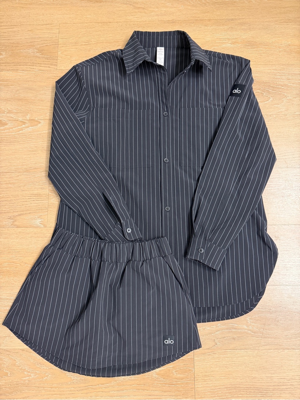 ALO Pinstripe Daylight Button Down Long Sleeve & Skirt Set XS